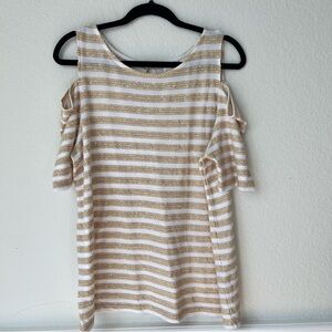 Chico’s Size 3 Gold Sequin Stripe Resortwear Beach Costal Quiet Luxury Party Top
